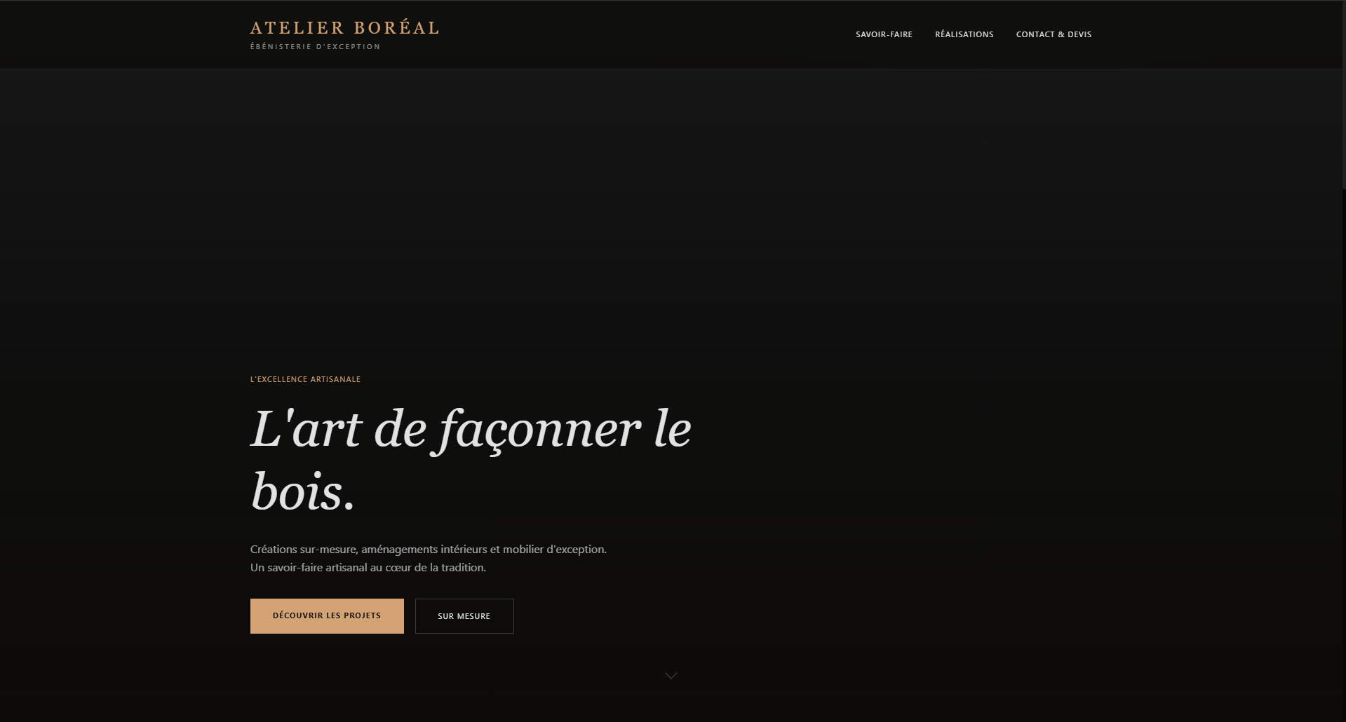 Exemple de site vitrine pour artisan menuisier — Atelier Boréal, page d'accueil