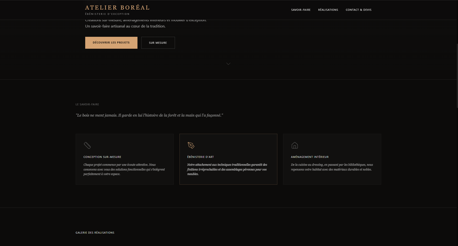 Exemple de site vitrine pour artisan menuisier — Atelier Boréal, savoir-faire