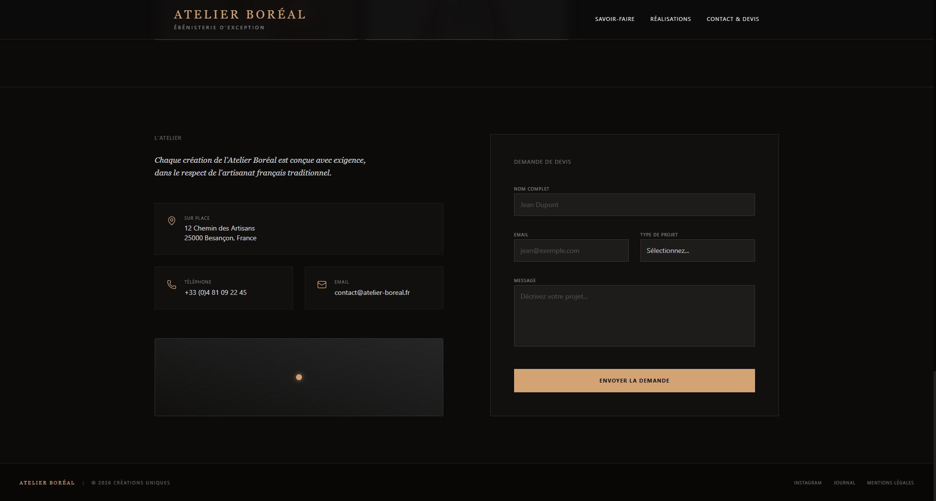 Exemple de site vitrine pour artisan menuisier — Atelier Boréal, contact et devis