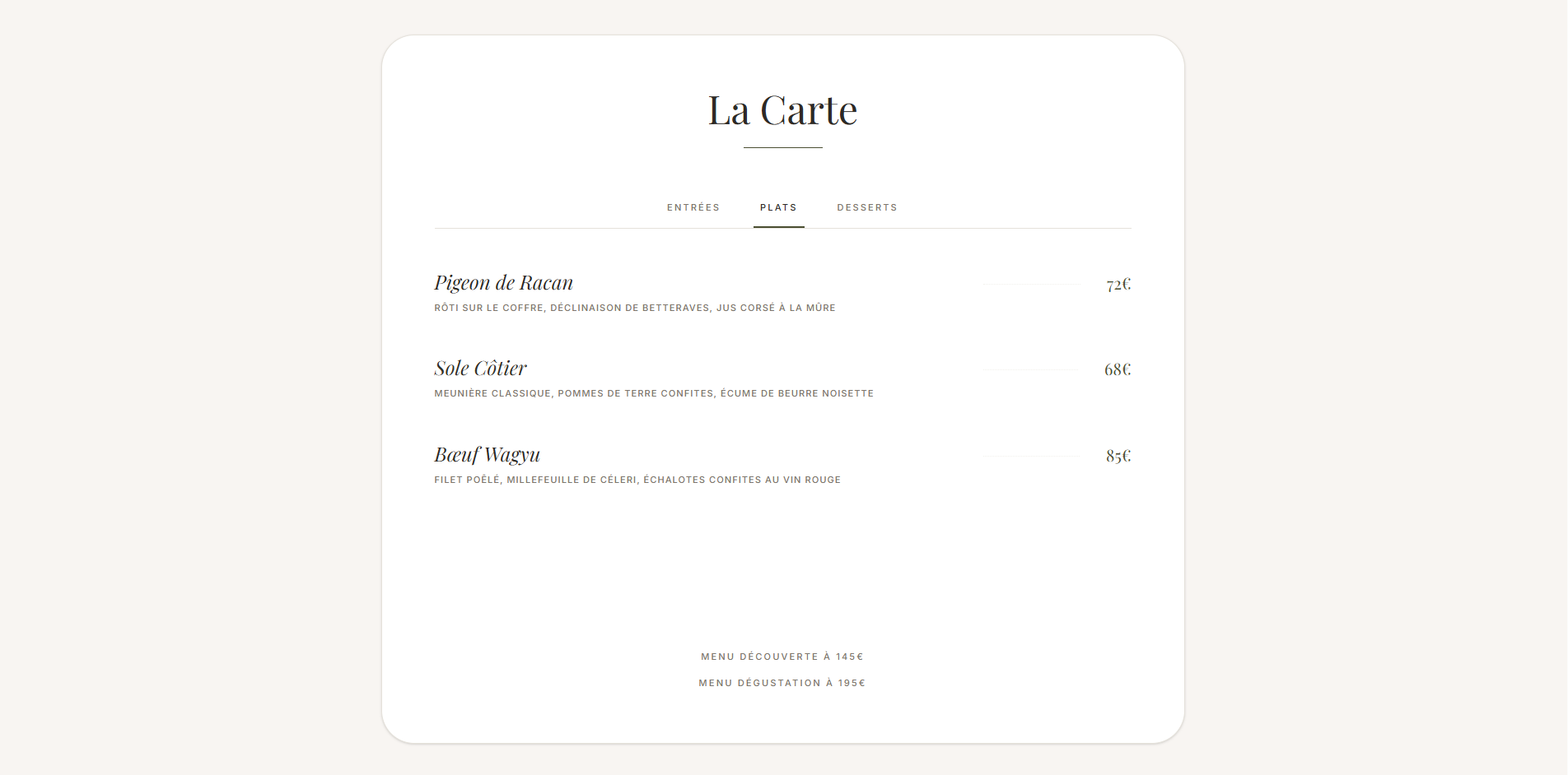 Exemple de site vitrine pour restaurant — Maison Laurent, la carte