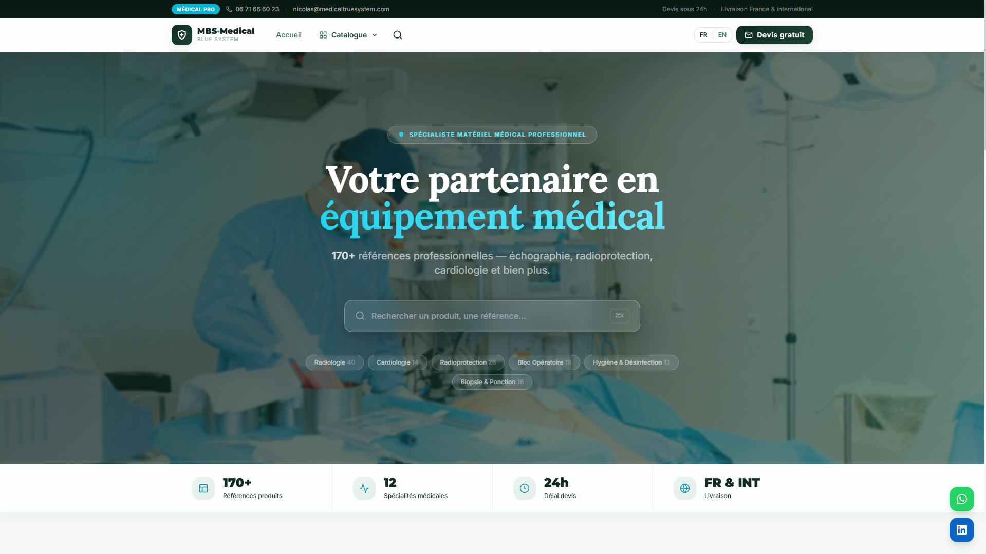 Exemple de site catalogue pour fournisseur médical — MBS Medical, page d'accueil