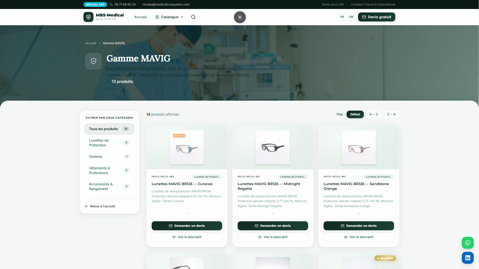 Exemple de site catalogue pour fournisseur médical — MBS Medical, catalogue produits